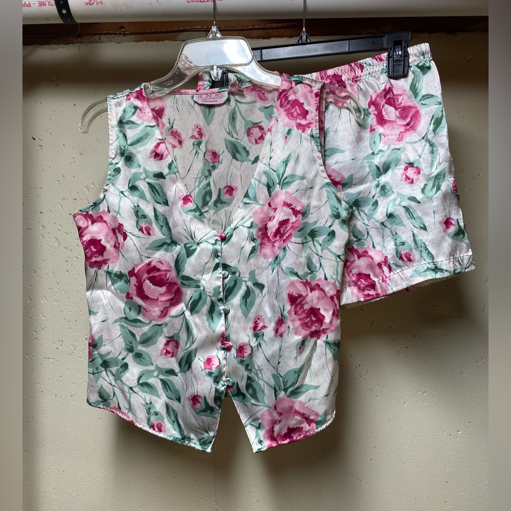 Vintage Honors Intimates Satin Floral Button Up Sleep Tank & Shorts Set Small
